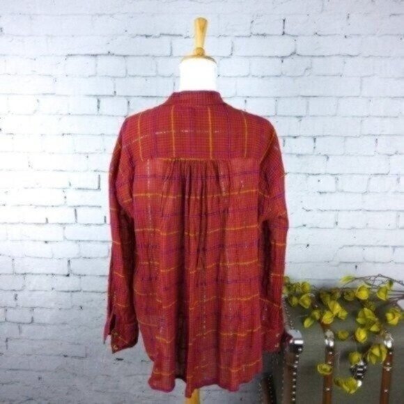 Free People Oversized Plaid Button Up Shirt Red - Picture 4 of 6